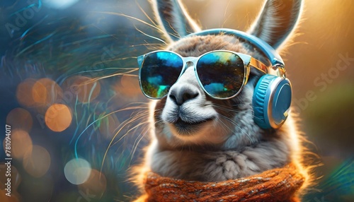 close up of lama with sunglasses and headphones generated using ai technology photo