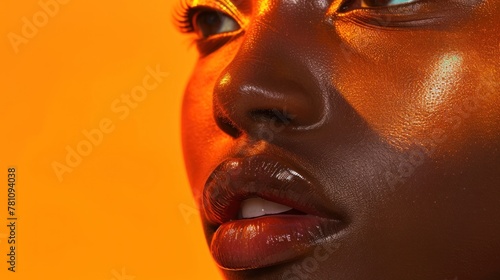 A vibrant orange-toned image showcasing impeccable skin and ample room for text.