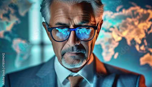 Portrait of a senior businessman looking down with global map reflecting in his eyeglasses.