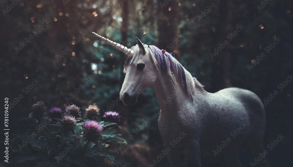 meeting with a unicorn in an enchanted forest where instead of flowers are crystal