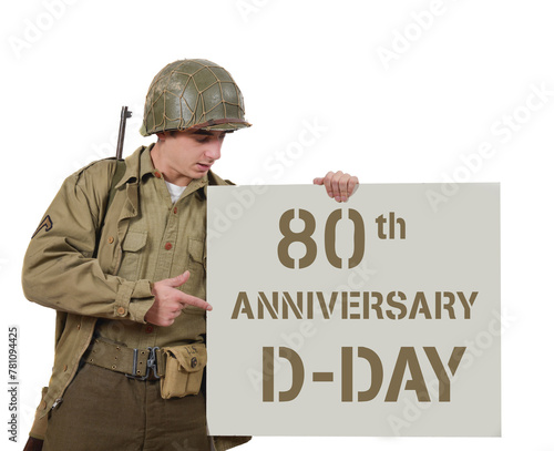young American soldier shows a sign 80 th anniversary of D DAY © Philipimage
