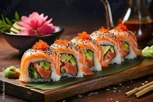A set of fresh sushi rolls with salmon, avocado and black sesame seeds served on a wooden platter. photo