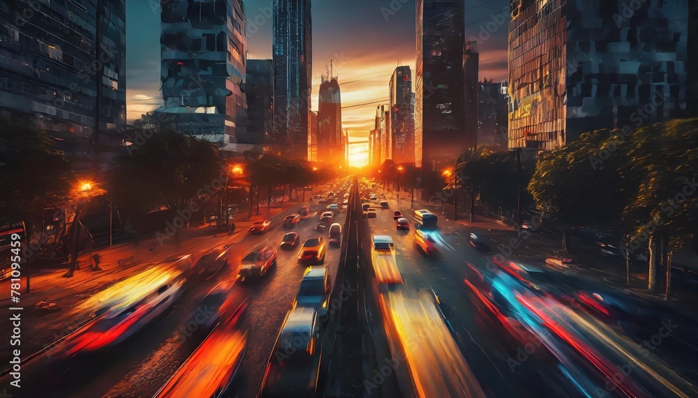 traffic jam in the city at sunset generative ai