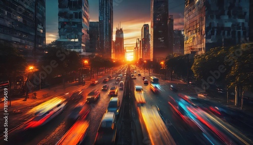 traffic jam in the city at sunset generative ai