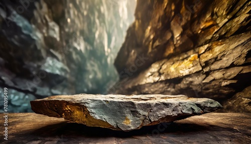 a rock mineral product display shelf showing a rough texture to the platform with a blurred ancient stone background