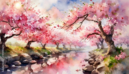 sakura peaches and cherries in pink coral watercolor japan in spring delicate pink landscape spring nature