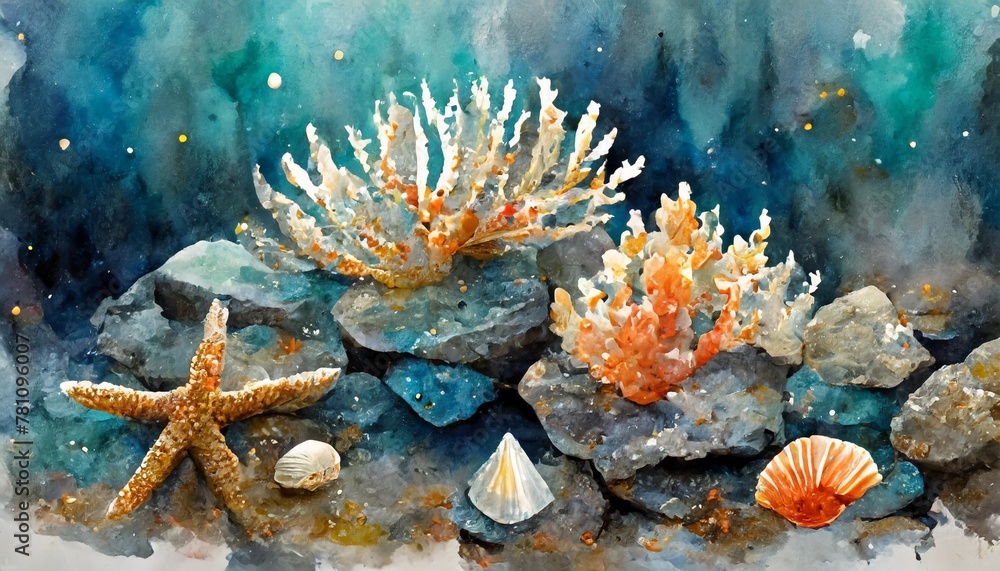 coral on stone reef with starfish and seashell border watercolor ...