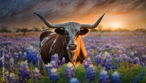 texas longhorn cow in a field of bluebonnets at sunset texas iconic landscape photo