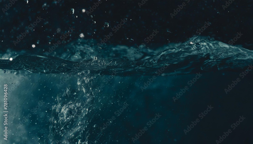 de focused closeup of blue transparent clear calm water surface texture with splashes and bubbles trendy abstract summer nature background for a product advertising text space