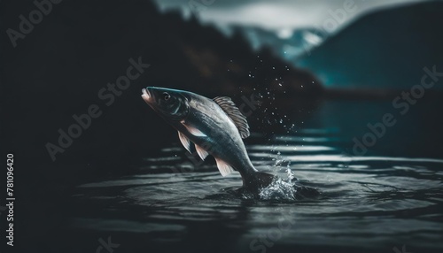 fish jumping out of the water landscape fishing lake nature background generative ai photo
