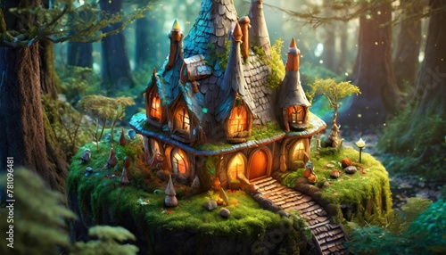 3d isometric illustration dream world of cute gnome royal house in a magical forest fairytale colorful kingdoms for comic book photo