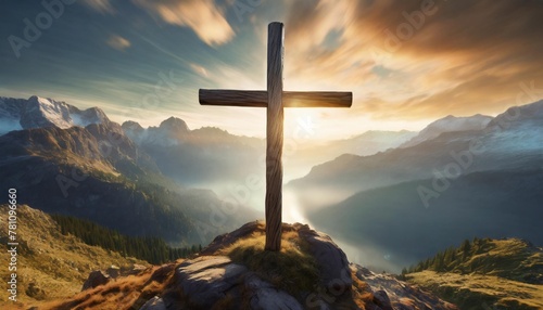 wooden cross at sunrise with mountain landscape crucifixion and resurrection of jesus christ #781096660