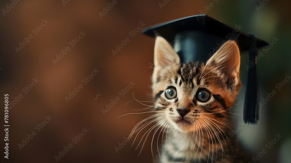 Adorable Kitten Wearing Tiny Graduation Cap Celebrating an Academic Milestone