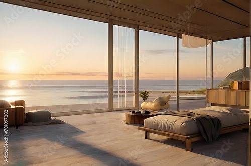 Modern bedroom overlooking ocean photo