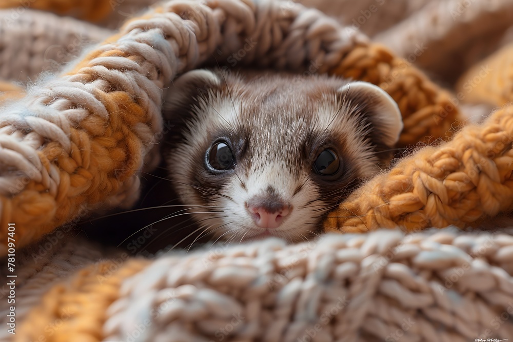 Curious Ferret Peeking From Cozy Blanket Showcasing Its Playful and Mischievous Nature in Close Up Portrait Curious Ferret Peeking From Cozy Blanket Showcasing Its Playful and Mischievous Nature in Close Up Portrait