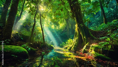 vibrant panoramic scenery of illuminated foliage in a lush green forest with vibrant colors and rays of sunlight © Robert