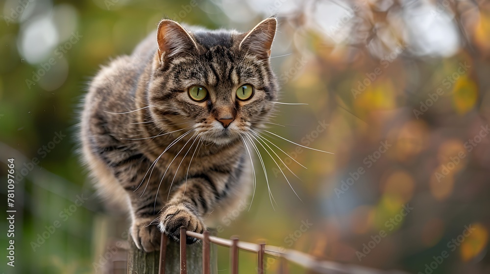 Feline Grace A Cat s Effortless Balance on a Narrow Fence Showcasing its Agility and Attentive Focus in the Natural Environment
