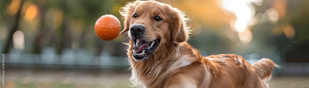 Joyful Golden Retriever Fetching Ball in Park Capturing Breed s Friendly and Playful Spirit