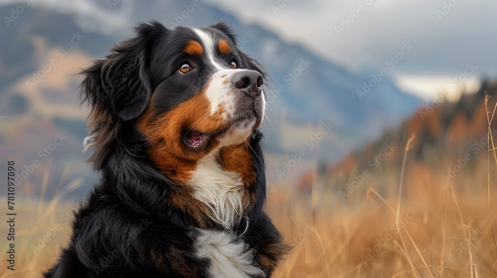 Majestic Bernese Mountain Dog Surveying Rugged Mountainous Landscape with Confidence and Friendly Demeanor