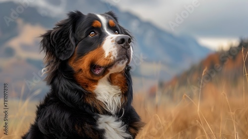 Majestic Bernese Mountain Dog Surveying Rugged Mountainous Landscape with Confidence and Friendly Demeanor photo