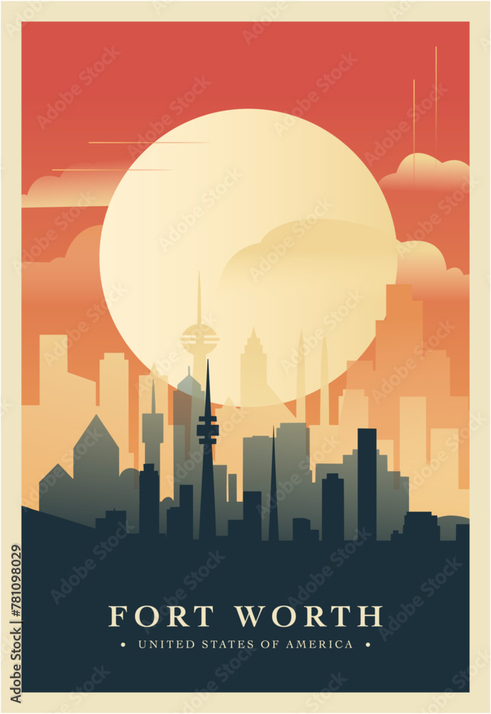 Fort Worth city brutalism poster with abstract skyline, cityscape. USA Texas state retro vector illustration. US travel front cover, brochure, flyer, leaflet, presentation template, layout image