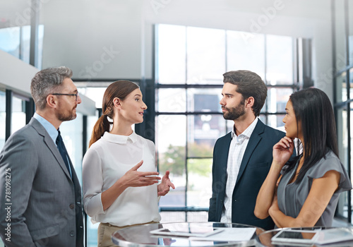 Conversation, people and meeting in office with tablet for business report or online growth with information sharing. Manager, employees and paperwork to show review, corporate and careers in sales.