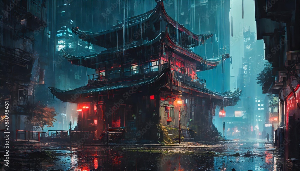 cyberpunk temple japanese abstract illustration futuristic city dystoptic artwork at night 4k wallpaper rain moody empty future