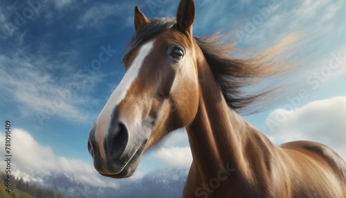 a close up of a horse s face with a blue sky and clouds in the background and a few clouds in the sky