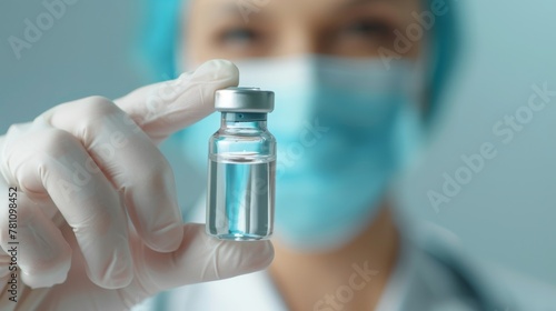 Cropped shot of doctor holding transparent glass medical vial in hand, focus on bottle