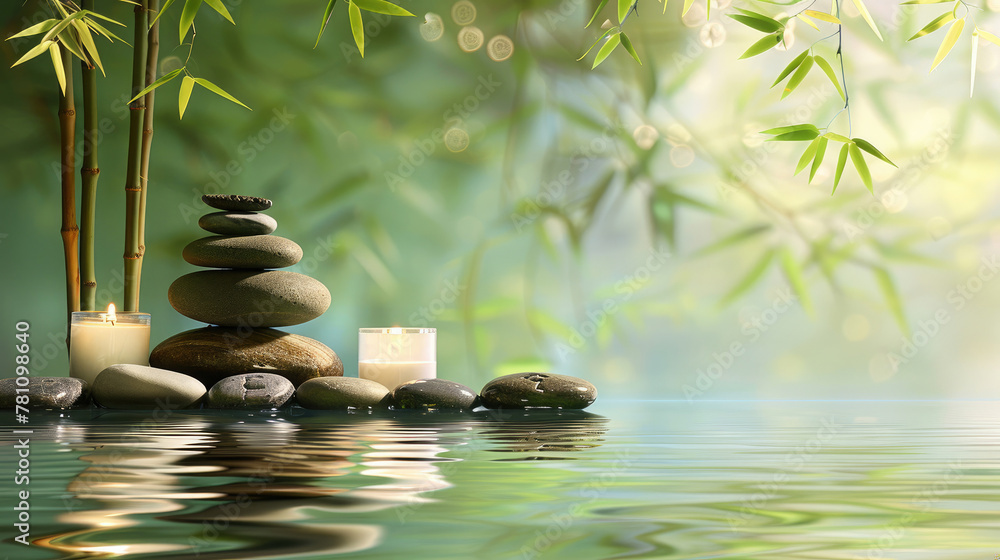 Naklejka premium Image portraying balance and calm with Zen stones, soft candlelight, and gentle water ripples near bamboo leaves