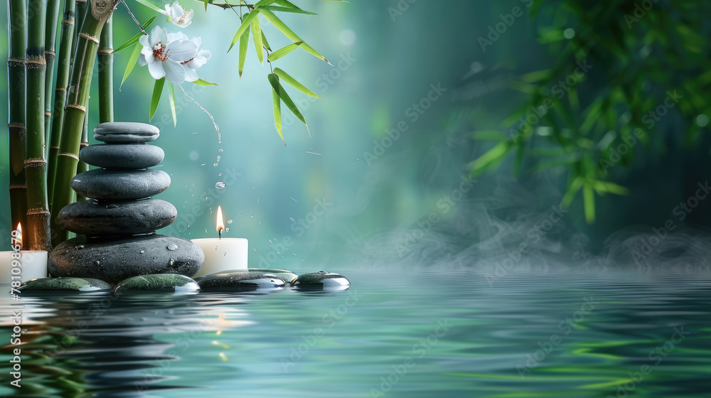 This image captures Zen stones with a delicate orchid and candles on water, embodying relaxation and serene spa concepts This image captures Zen stones with a delicate orchid and candles on water, embodying relaxation and serene spa concepts