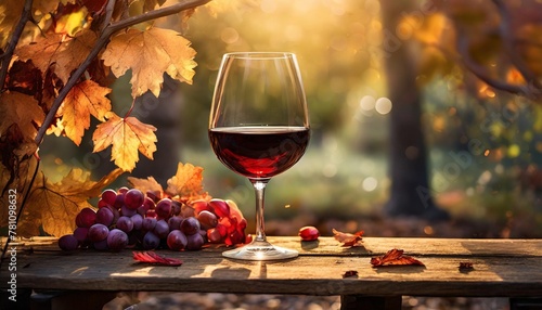 glass of red wine on wooden table in sunligth in autumn garden during fall season