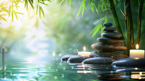Serene images of stacked stones, soft candlelight, bamboo, and gentle water embody peaceful relaxation