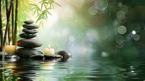 Calm composition of candlelit zen stones  bamboo  and glistening water reflection to inspire serenity