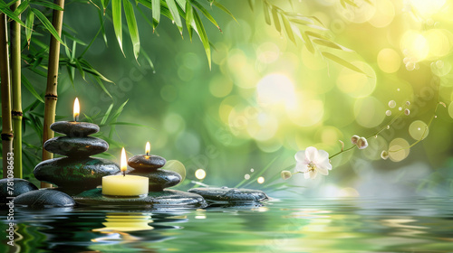 Stack of smooth rocks with a candle on top, surrounded by bamboo, water, and a single flower represents relaxation
