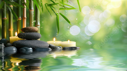 Image showcases a stack of Zen stones with lit candles set in a tranquil, calming water environment, ideal for relaxation themes