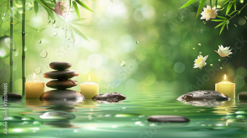 Zen-like balance with stacked pebbles  flickering candles  and a serene water setting exuding calmness and tranquility for relaxation