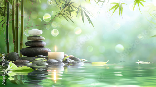 Gently lit candles  smooth stones  and fresh bamboo shoots combine in a water setting to suggest a tranquil spa experience