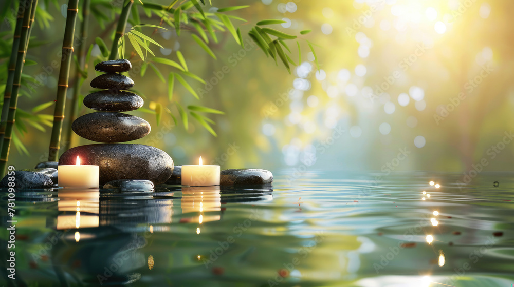 Obraz premium A captivating image displaying a stack of Zen stones by a water's surface illuminated by candles, embodying a peaceful and meditative essence