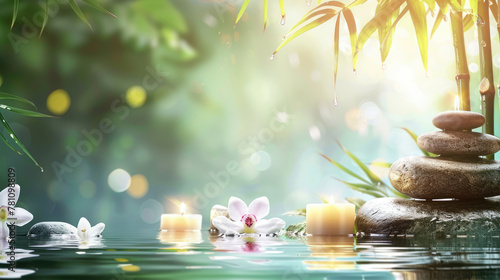 Calm water scene featuring stacked zen stones  candles  and floating flowers against a bamboo background
