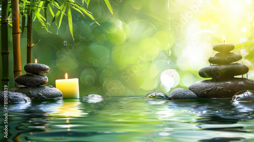 Zen stones piled with a lit candle in a tranquil  green natural setting offering peace and meditation vibes