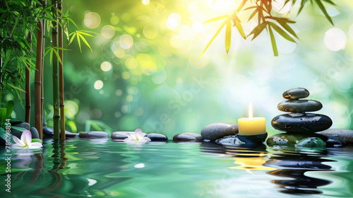 An image depicting a peaceful spa ambiance with bamboo stalks  flickering candles  and floating flowers on serene water