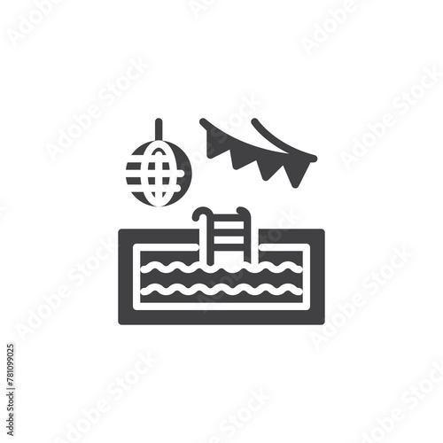 Swimming pool with disco ball and party flags vector icon