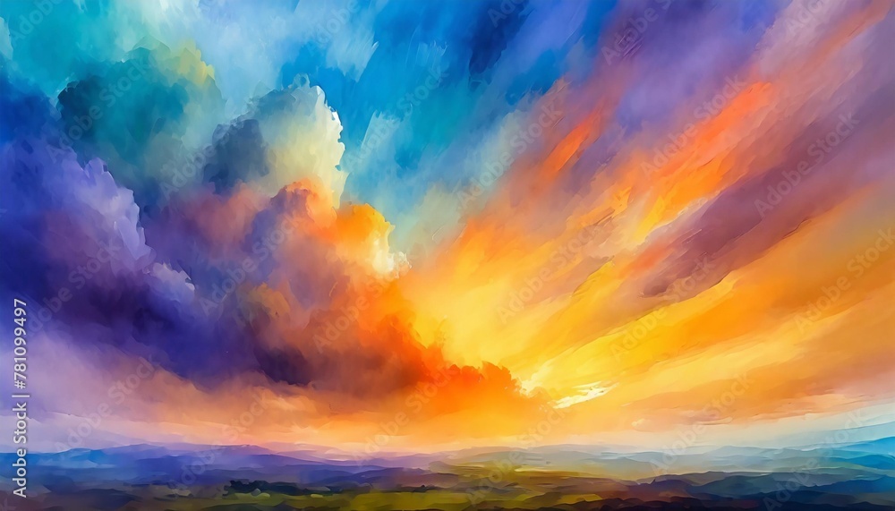 watercolor background sunset sky with puffy clouds painted in colorful skyscape with texture cloudy easter sunrise or colorful sunset in abstract illustration