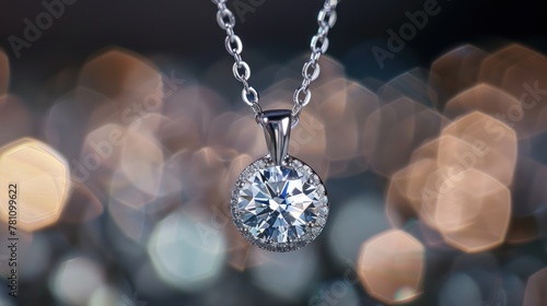 A close-up of a sparkling diamond pendant hanging from a chain. 
