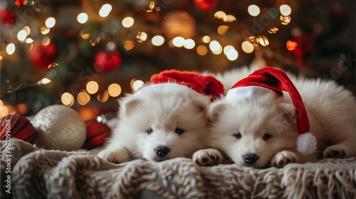 This image features a cute white puppy wearing a Santa hat alongside a brown dog also donning a festive Santa Claus hat Both pets exude holiday cheer, embodying the spirit of Christmas with their ador photo