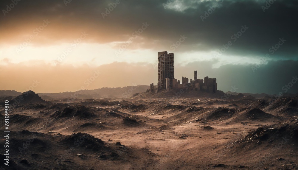 a post apocalypse desert with ruined city sky scraper in the distance