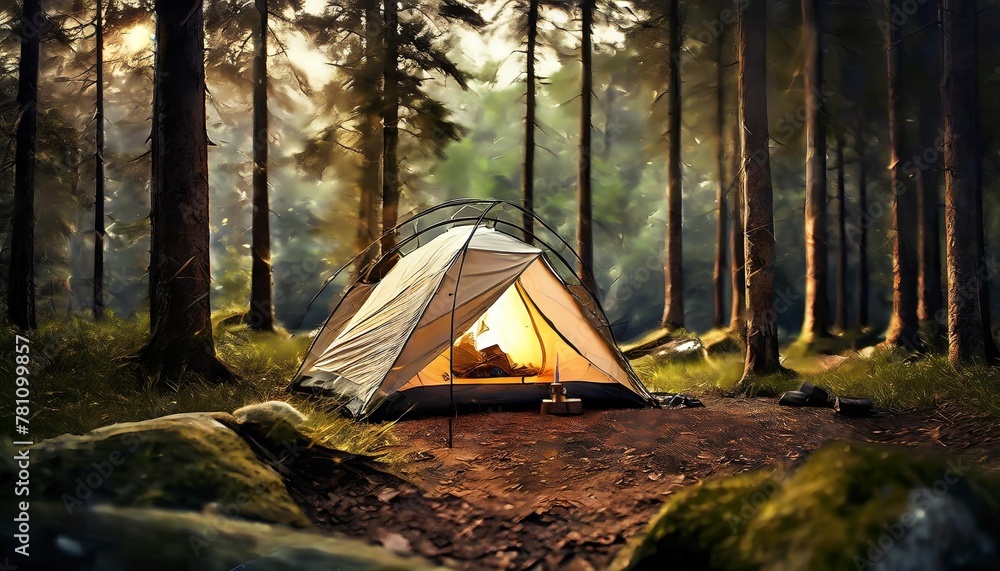 camping background with blurred forest background and tent outdoor nature background ai generative image