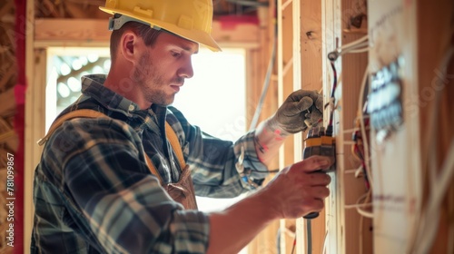 An electrician installing wiring in a new construction project.