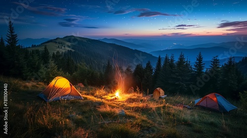 Mountain campsite under starry night sky, camping adventure. Breathtaking night scenery, camping trip in the wilderness.